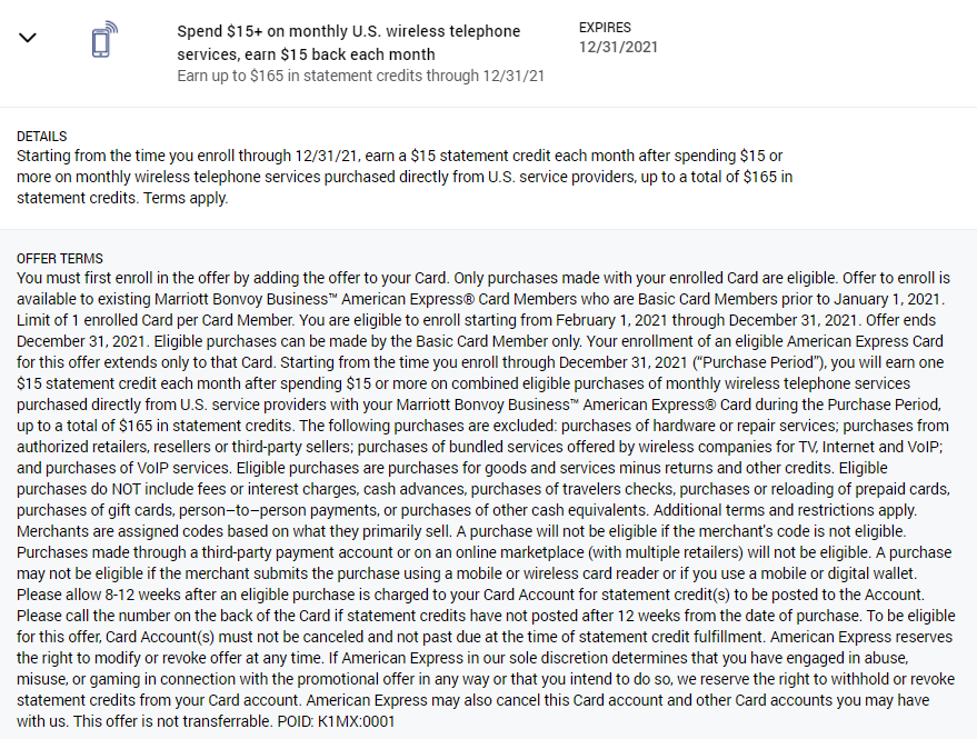 Amex Offer wireless monthly statement credit on Bonvoy Business