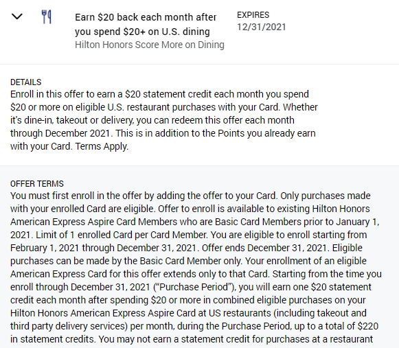 Amex Offer dining monthly statement credit on Hilton Aspire
