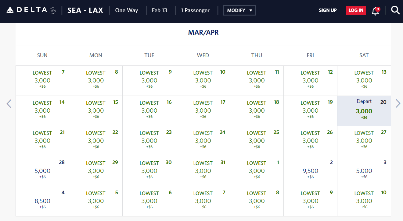 SEA-LAX for 3,000 Delta SkyMiles