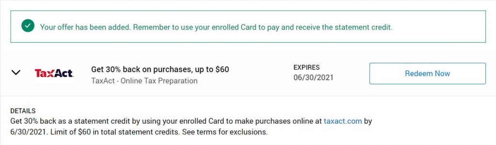 Save 30% when preparing your taxes with TaxAct through Amex Offer
