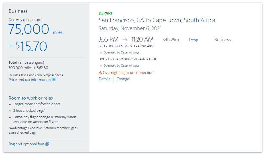 use 300k AAdvantage miles to fly to Cape Town in business class