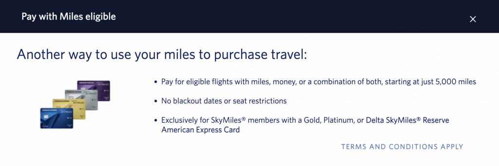Screenshot of overview of Delta SkyMiles Pay With Miles option