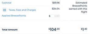 Breeze Airways BreezePoints earnings from a sample fare