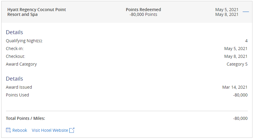 Hyatt Regency Coconut Point Points used