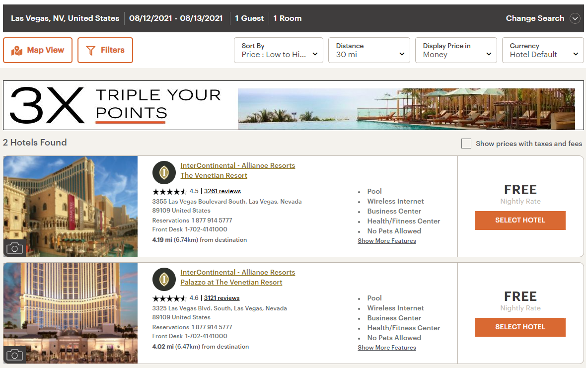 InterContinental Las Vegas IHG Free Night Award