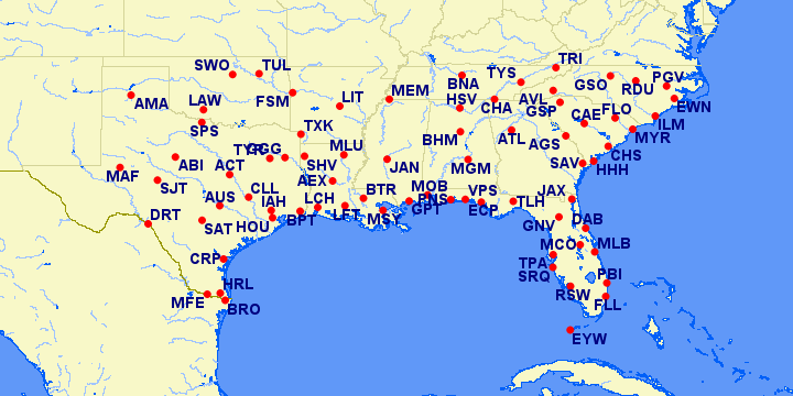 American Airlines Reduced Mileage Awards eligible airports in Southeast for August 2021