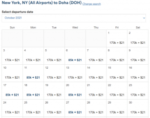 Screenshot showing a calendar of award availability from New York to Doha in October 2021