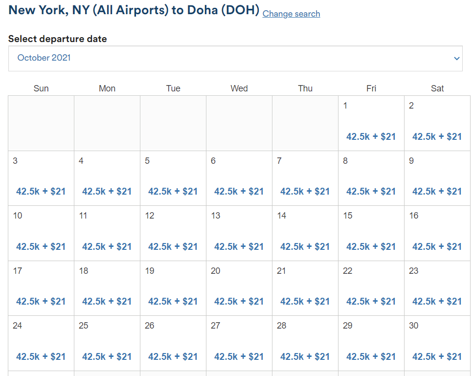 example showing Alaska miles cost for Qatar economy