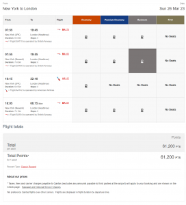 Qantas award example from New York City to London