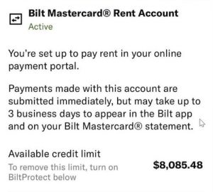 Confirmation page showing user has set up bank payments in the Bilt app