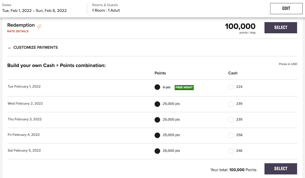 Marriott 5th night free booking example