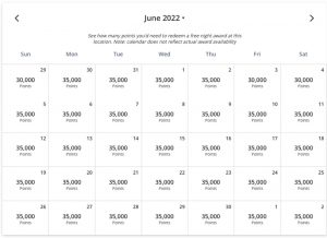 Hyatt award pricing calendar search results