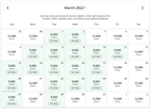 Hyatt award pricing calendar search results