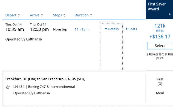 Screenshot of United award results for Lufthansa first class
