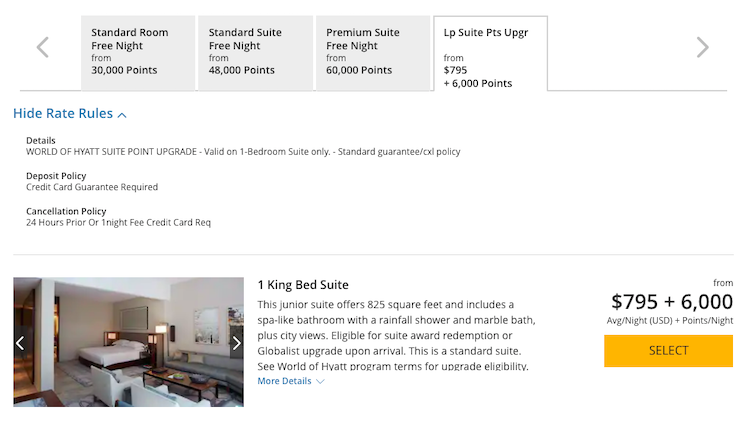 screenshot showing Hyatt suite booking costing $795 plus 6,000 points per night
