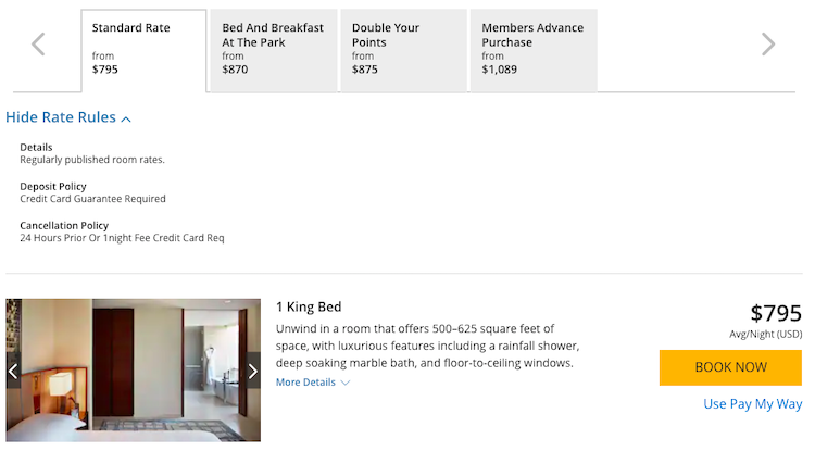 screenshot showing Hyatt standard rate booking costing $795 per night