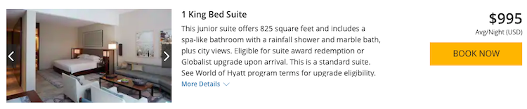 screenshot showing Hyatt suite night booking costing $995 per night
