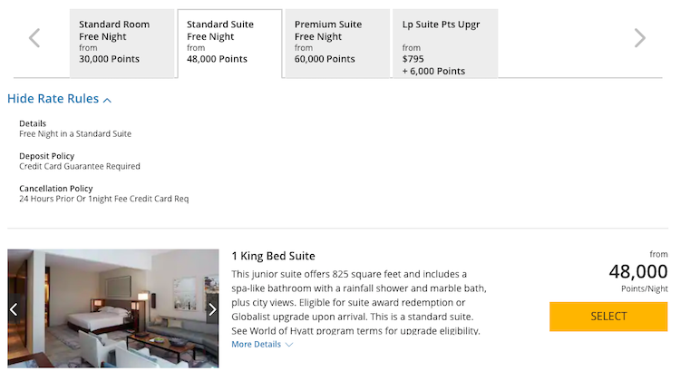screenshot showing Hyatt suite booking costing 48,000 points per night