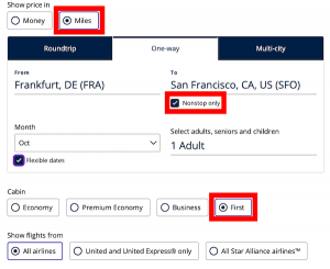 Screenshot of United showing how to select a nonstop miles booking in first class