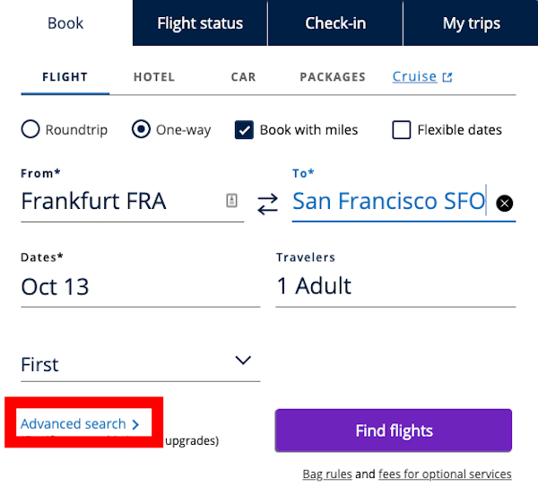 Screenshot of United website showing option for advanced search