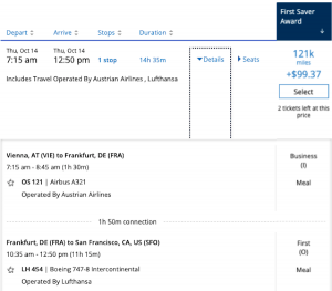 Screenshot of Lufthansa first class using United miles