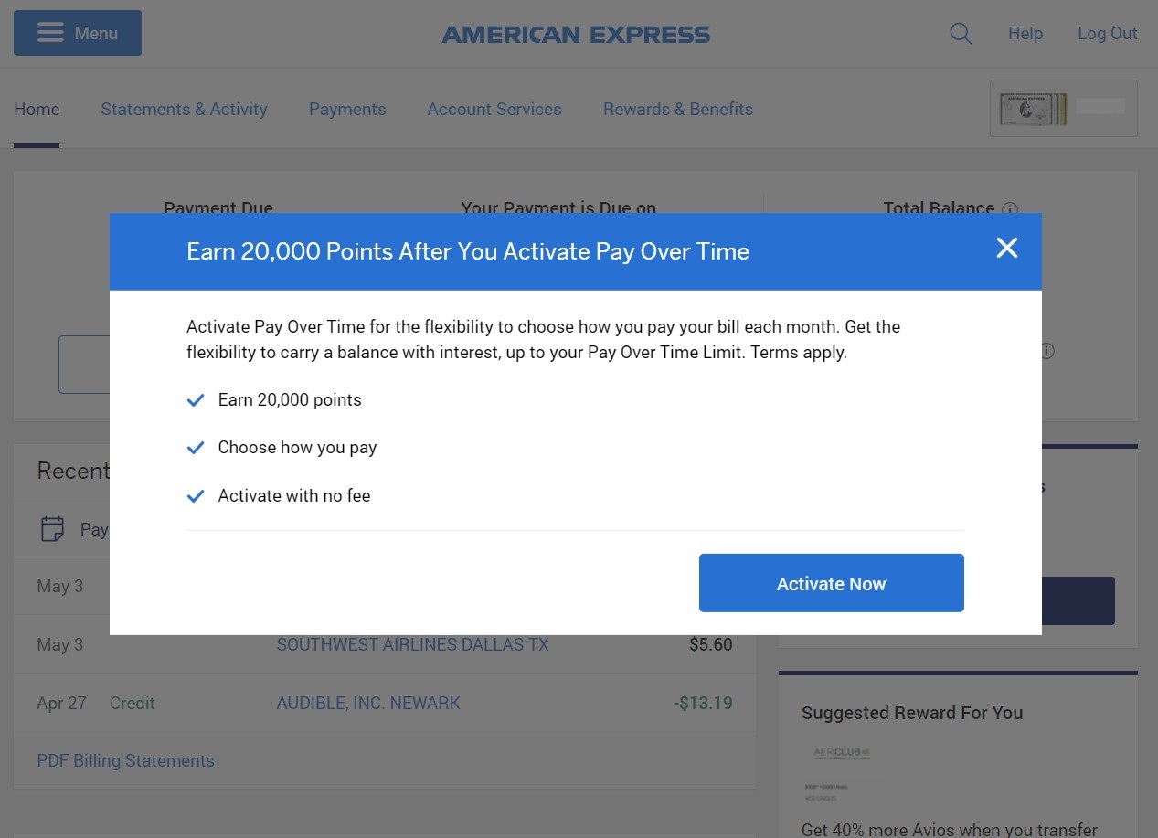 Earn 20k Bonus Points For Activating Amex Pay Over Time