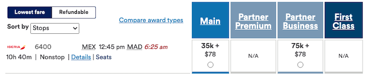 Example of redeeming Alaska miles Iberia from Mexico City to Madrid