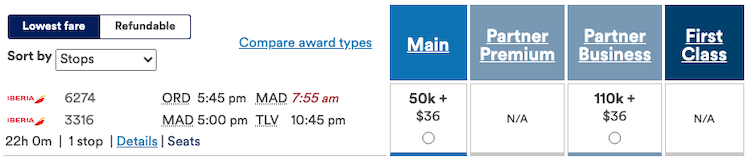 Example of redeeming Alaska miles Iberia from Chicago to Tel Aviv through Madrid
