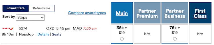 Example of redeeming Alaska miles Iberia from Chicago to Madrid