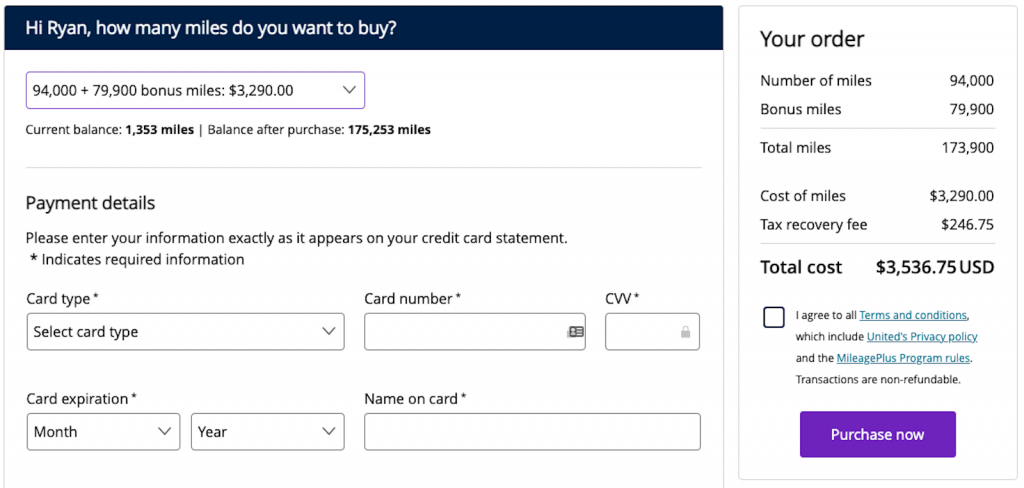 Pricing for those targeted for the 85% to buy United miles at 2.03¢ each