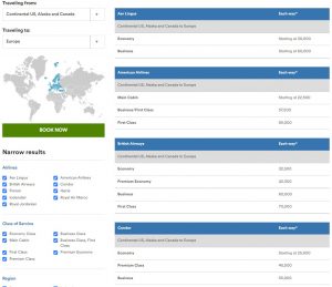 Alaska Mileage Plan award chart for partner awards from the US to Europe