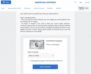 Amex Platinum Card benefits page offering the option to change a preferred airline for the airline credit