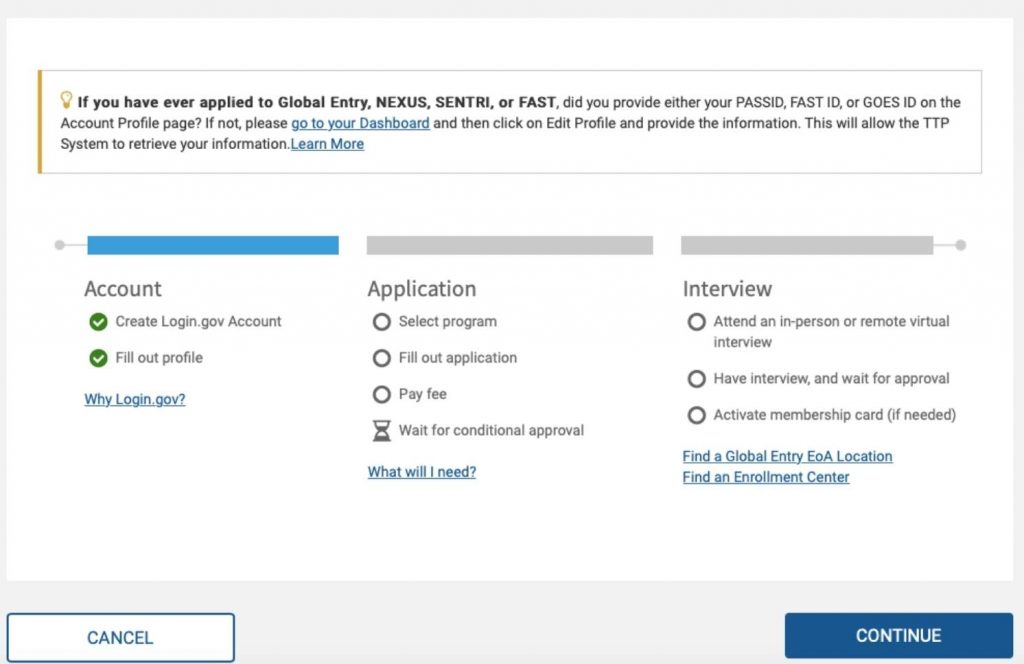 Screen shot of NEXUS application process.
