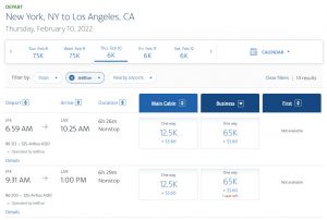JetBlue award search results on AA's website