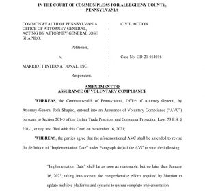 Marriott resort fees implementation delay letter filed in the Court of Common Please for Allegheny County, Pennslyvania