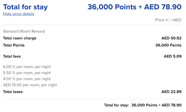 Image of pricing at WB Abu Dhabi showing 10% service fee on bookings that use cash or cash + points