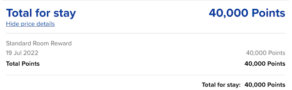 Image of award pricing showing no fees if you use only points at WB Abu Dhabi