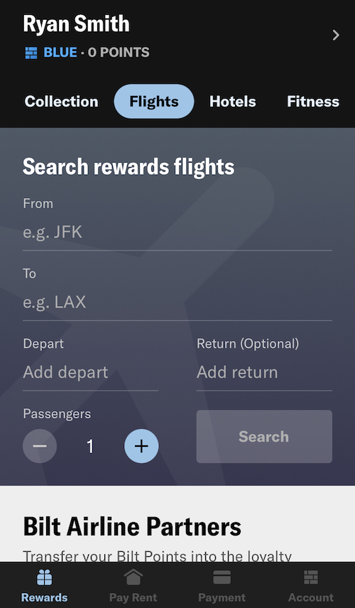 Home page to start in-app award search with Bilt Rewards app