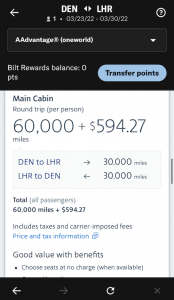International itinerary search results from the app