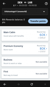 International itinerary search results from the app