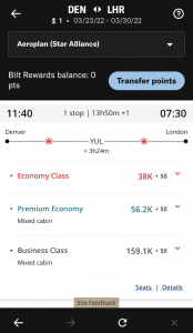 International itinerary award search results from the app