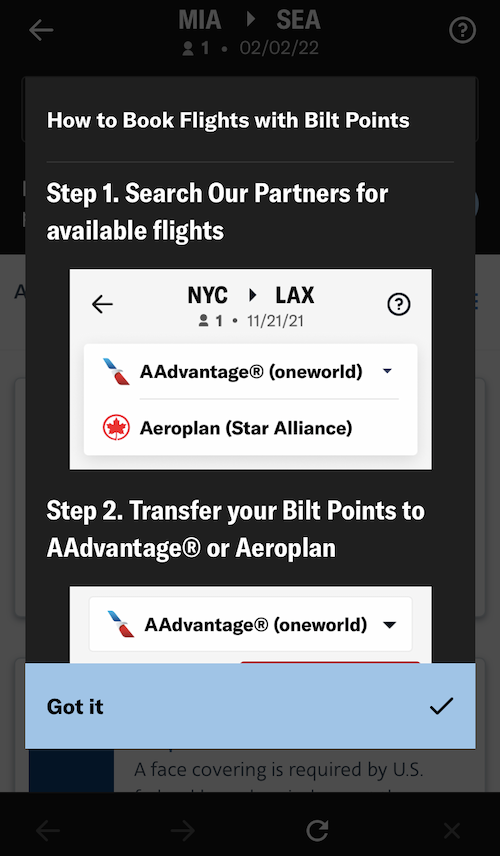 Welcome screen in Bilt Rewards app for first-time award search users