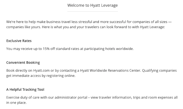 Screenshot of welcome page for Hyatt Leverage