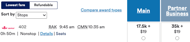 Example pricing for Royal Air Maroc domestic flight using Alaska miles online