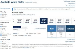 Screenshot of Alaska Airlines Mileage Plan redemption rates for comparison of Malaysia Airlines award rates