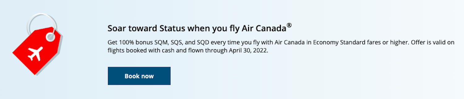 “Get a Head Start on 2023 Status” Aeroplan Promotion for bonus earnings on revenue fares through April 30, 2022