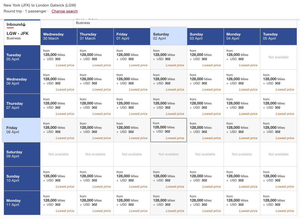 Sample Skywards availability with JetBlue