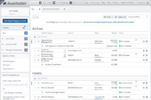 Screenshot showing AwardWallet dashboard showing a list of active accounts