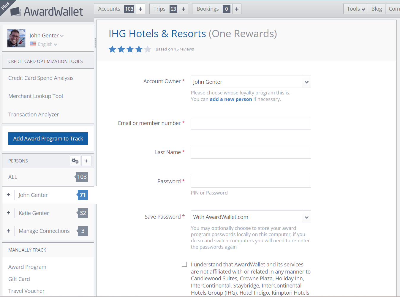 Screenshot of adding an account to an AwardWallet account