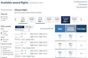 screenshot showing SriLankan Airlines awards priced using Alaska miles